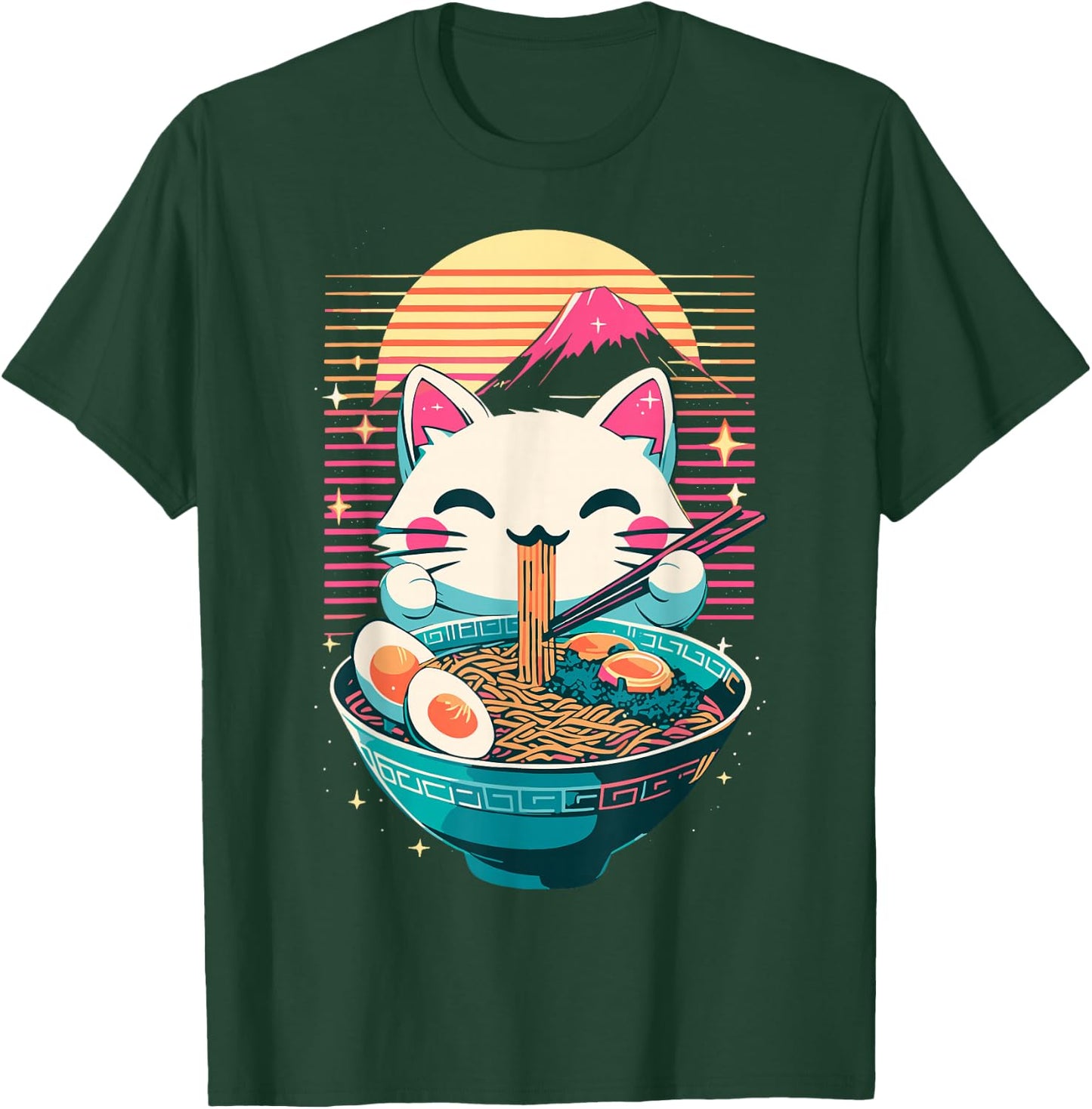 Anime Cat Eating Ramen Japanese Ramen Cat Japan T-Shirt - T-Shirt | Forest