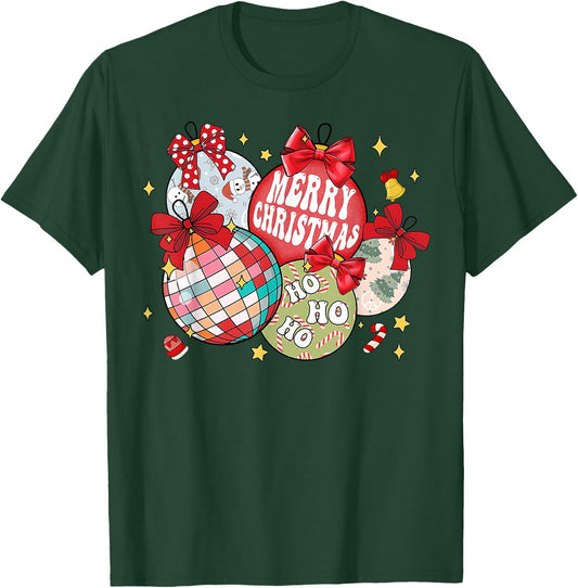 Merry Christmas Ornaments Disco Ball Coquette Bow Xmas Tree T-Shirt - T-Shirt | Forest