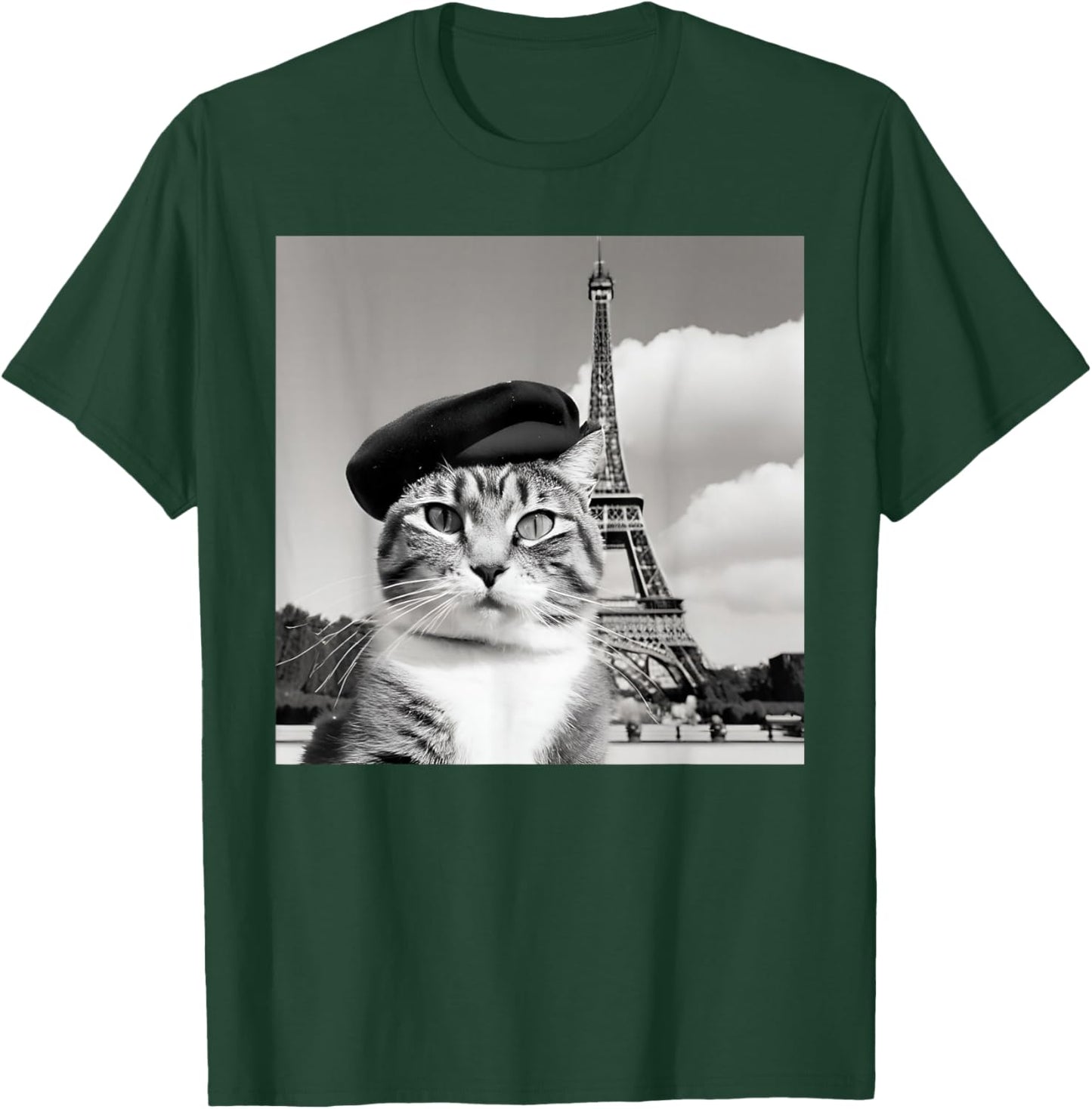 Funny Cat Wearing a Beret at The Eiffel Tower in France T-Shirt - T-Shirt | Forest