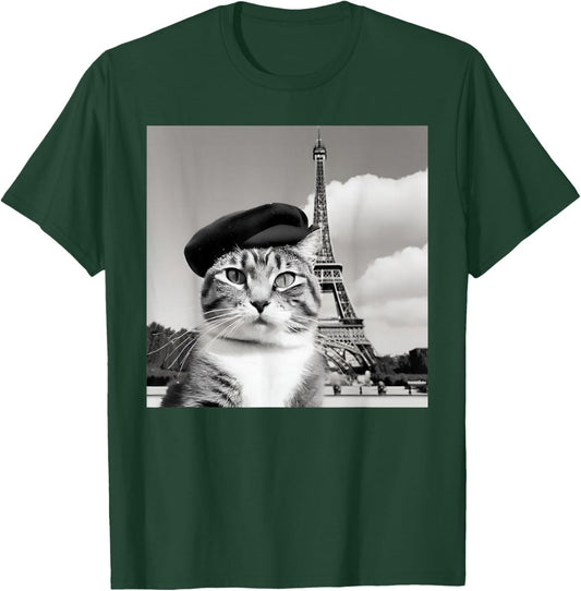 Funny Cat Wearing a Beret at The Eiffel Tower in France T-Shirt - T-Shirt | Forest