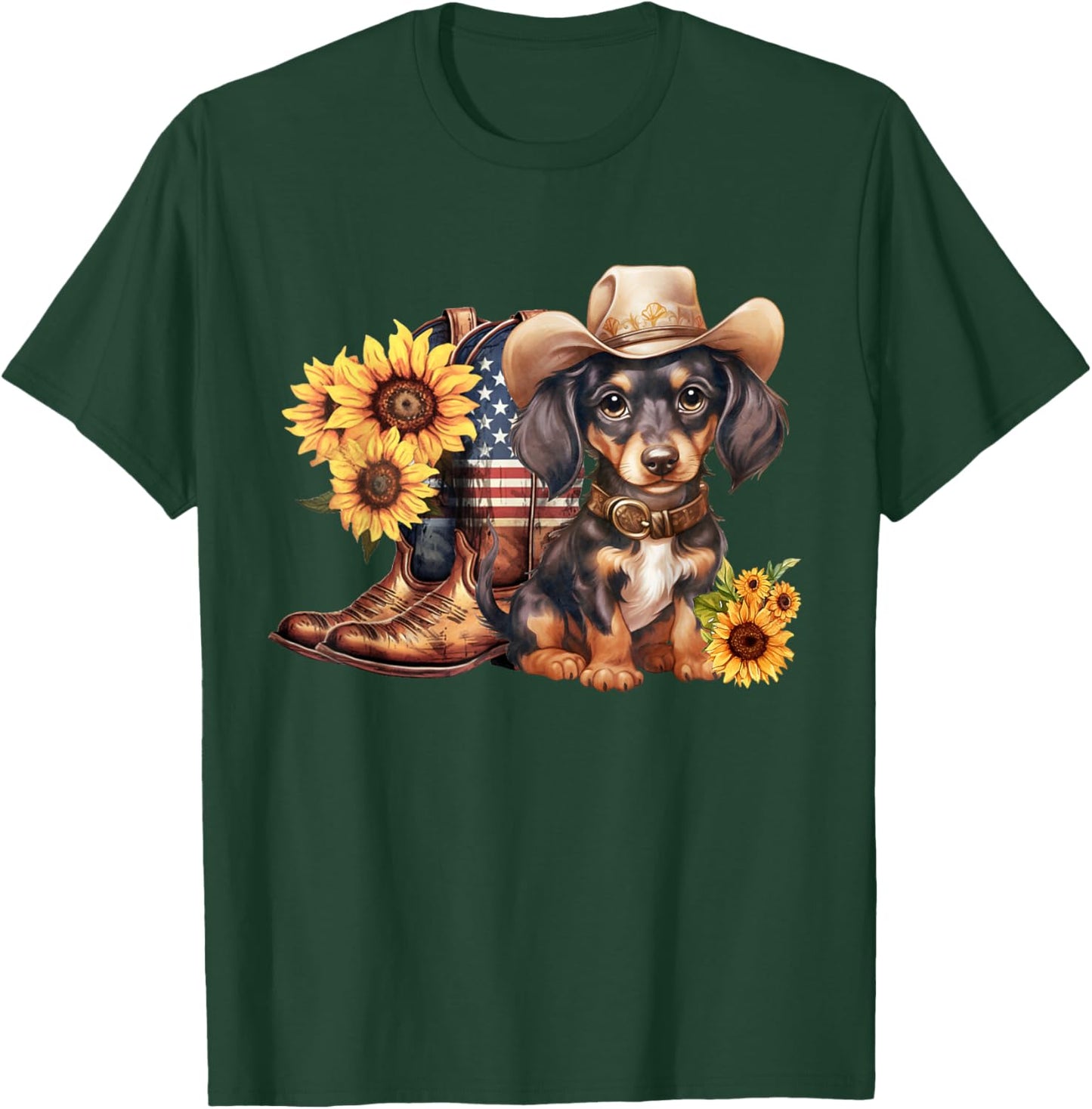 Patriotic Dachshund Dog Cowgirl Boots 4th Of July Sunflower T-Shirt - T-Shirt | Forest