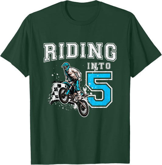 Kids Riding Into 5 Years Old 5th Birthday Boy Dirt Bike Party T-Shirt - T-Shirt | Forest
