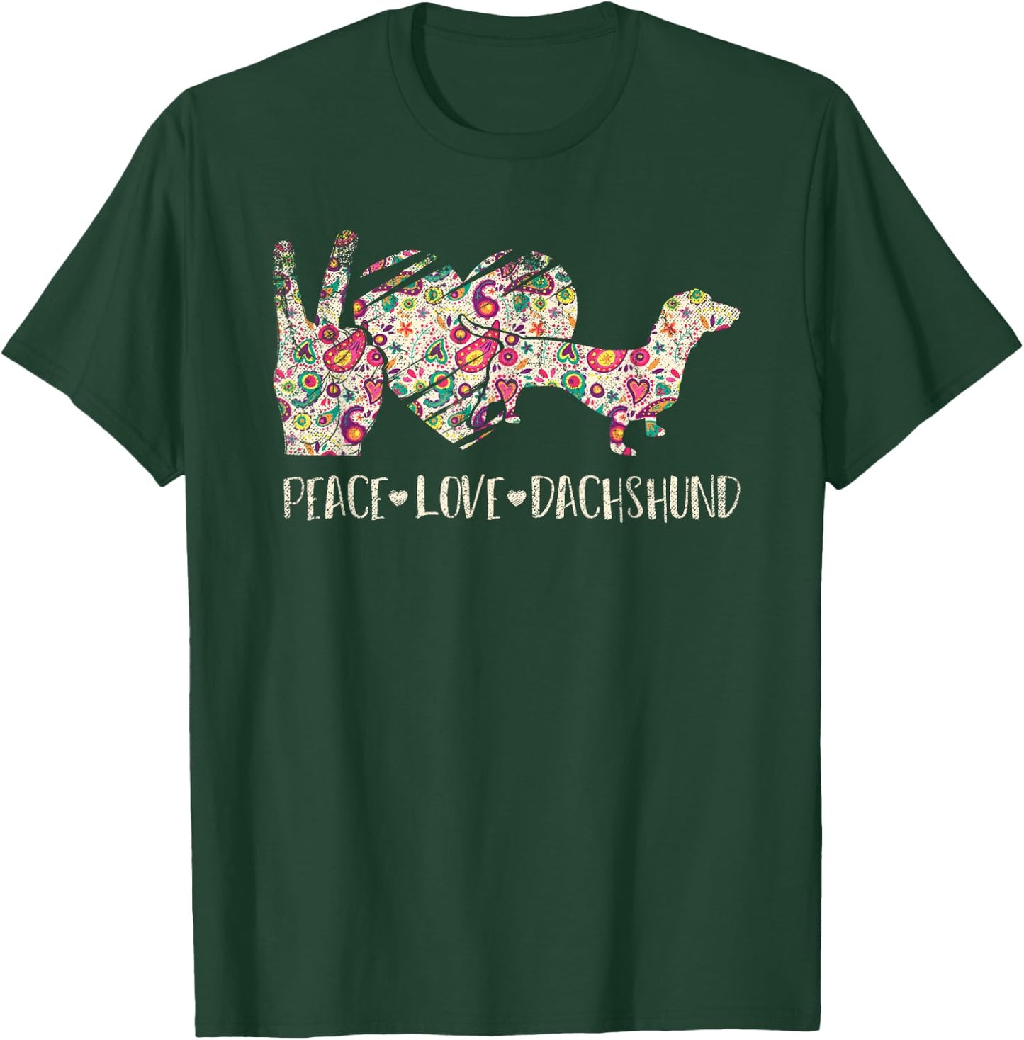 Hippie Dog Lover Gift Wiener Animal Peace Love Dachshund Men Women Kids T-Shirt - T-Shirt | Forest