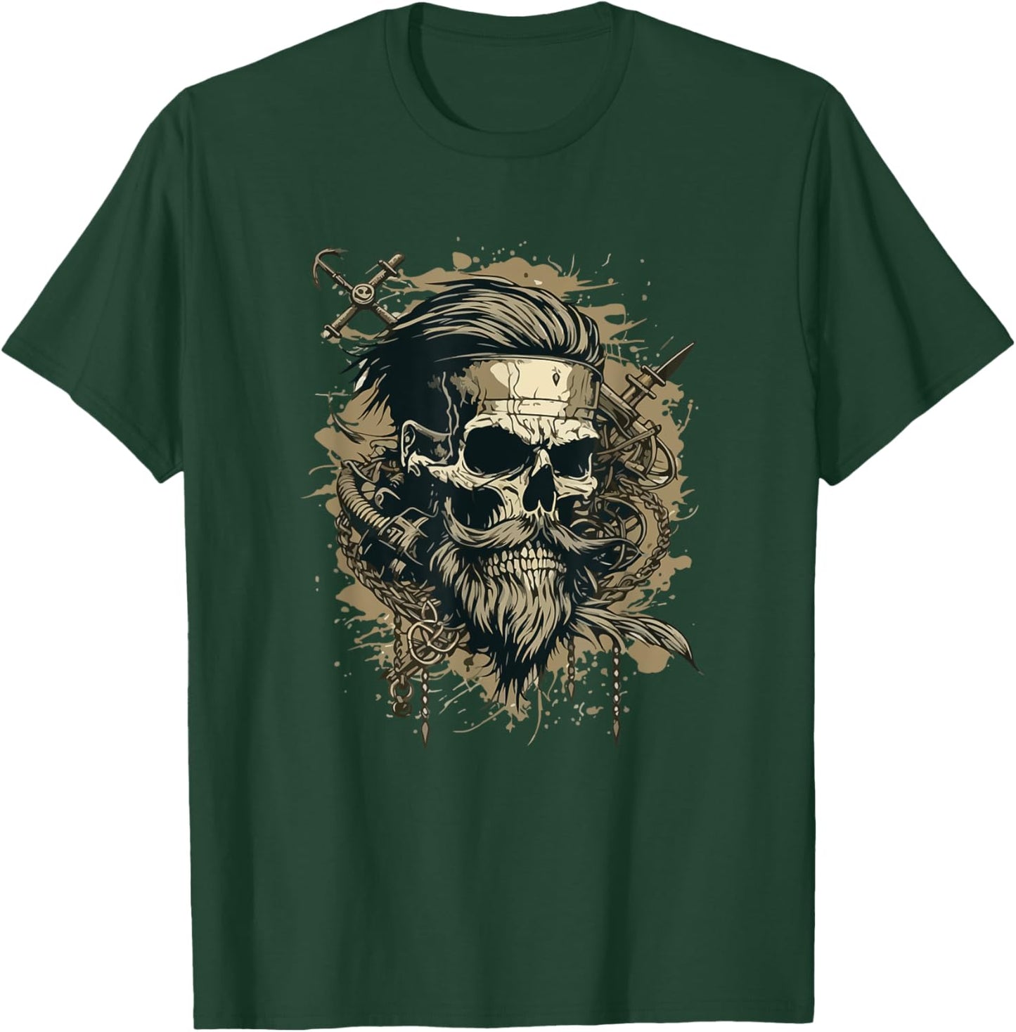 Skull Beard Undercut Pirate Vintage Captain Skeleton Biker T-Shirt - T-Shirt | Forest