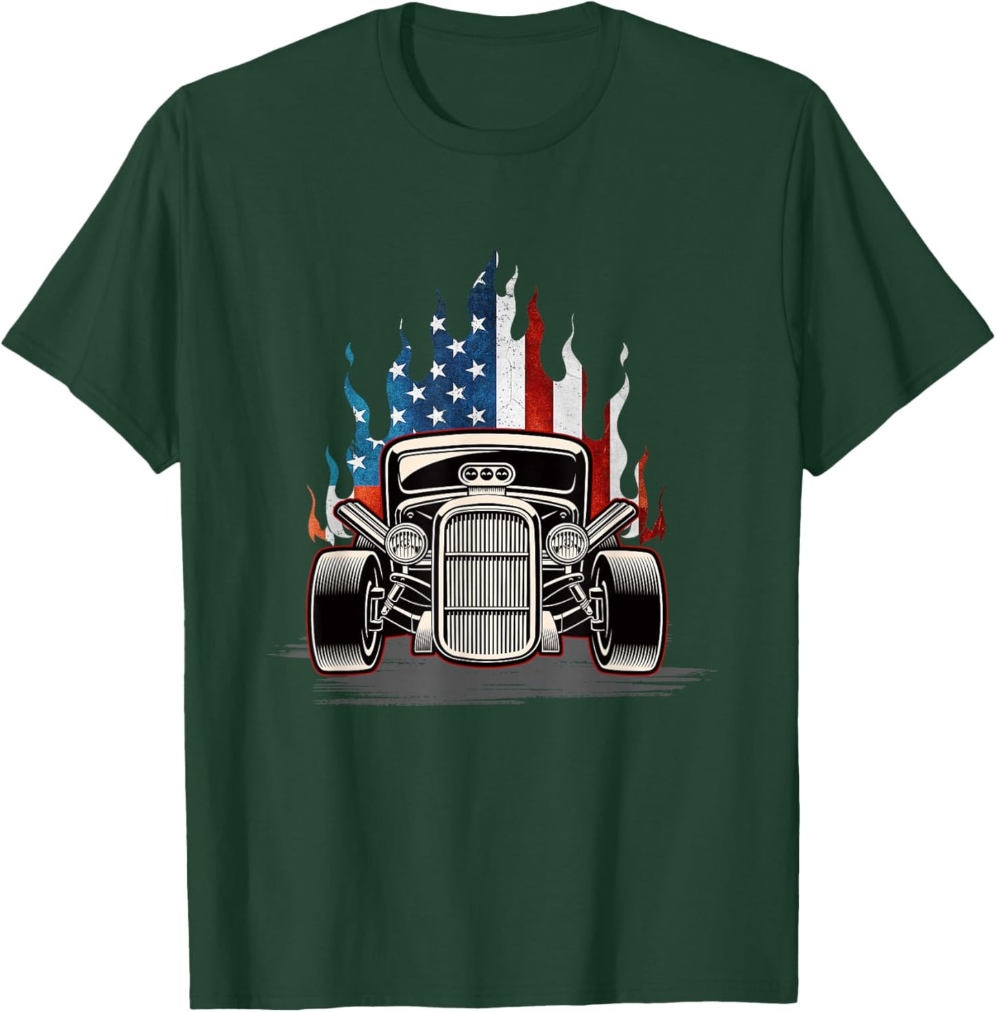 American Flag Vintage Hot Rod Veteran Memorial Day July 4 T-Shirt - T-Shirt | Forest