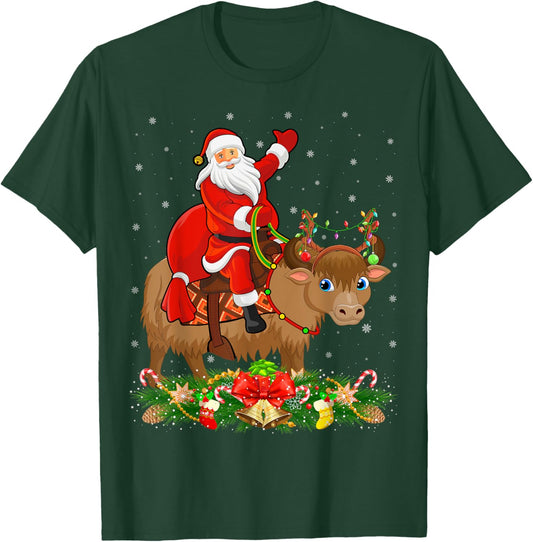 Xmas Decor Lights Funny Santa Riding Yak Christmas T-Shirt - T-Shirt | Forest