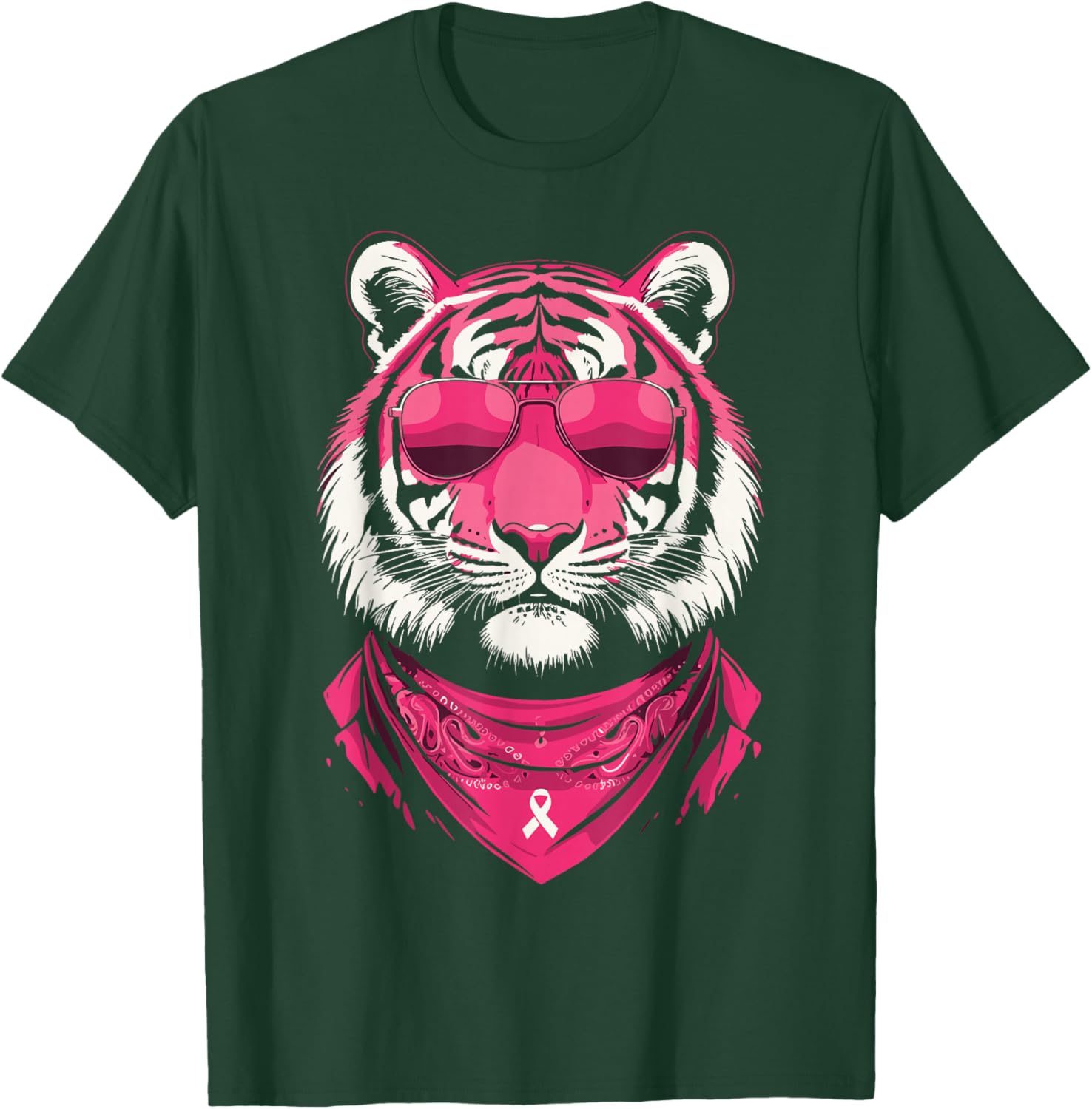 Pink Tiger with Sunglasses Bandana Breast Cancer Awareness T-Shirt - T-Shirt | Forest