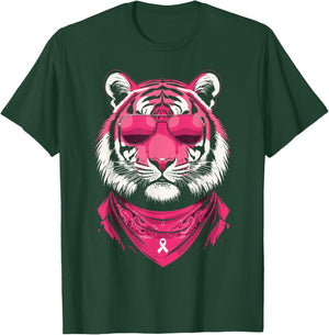 Pink Tiger with Sunglasses Bandana Breast Cancer Awareness T-Shirt - T-Shirt | Forest