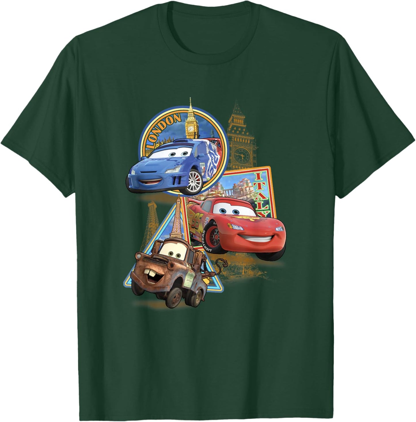 Disney Pixar Cars 2 London Italy Paris World Tour Postcards T-Shirt - T-Shirt | Forest