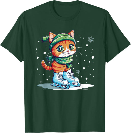 Cute Cat with Ice skating Shoes Men Women Kids T-Shirt - T-Shirt | Forest