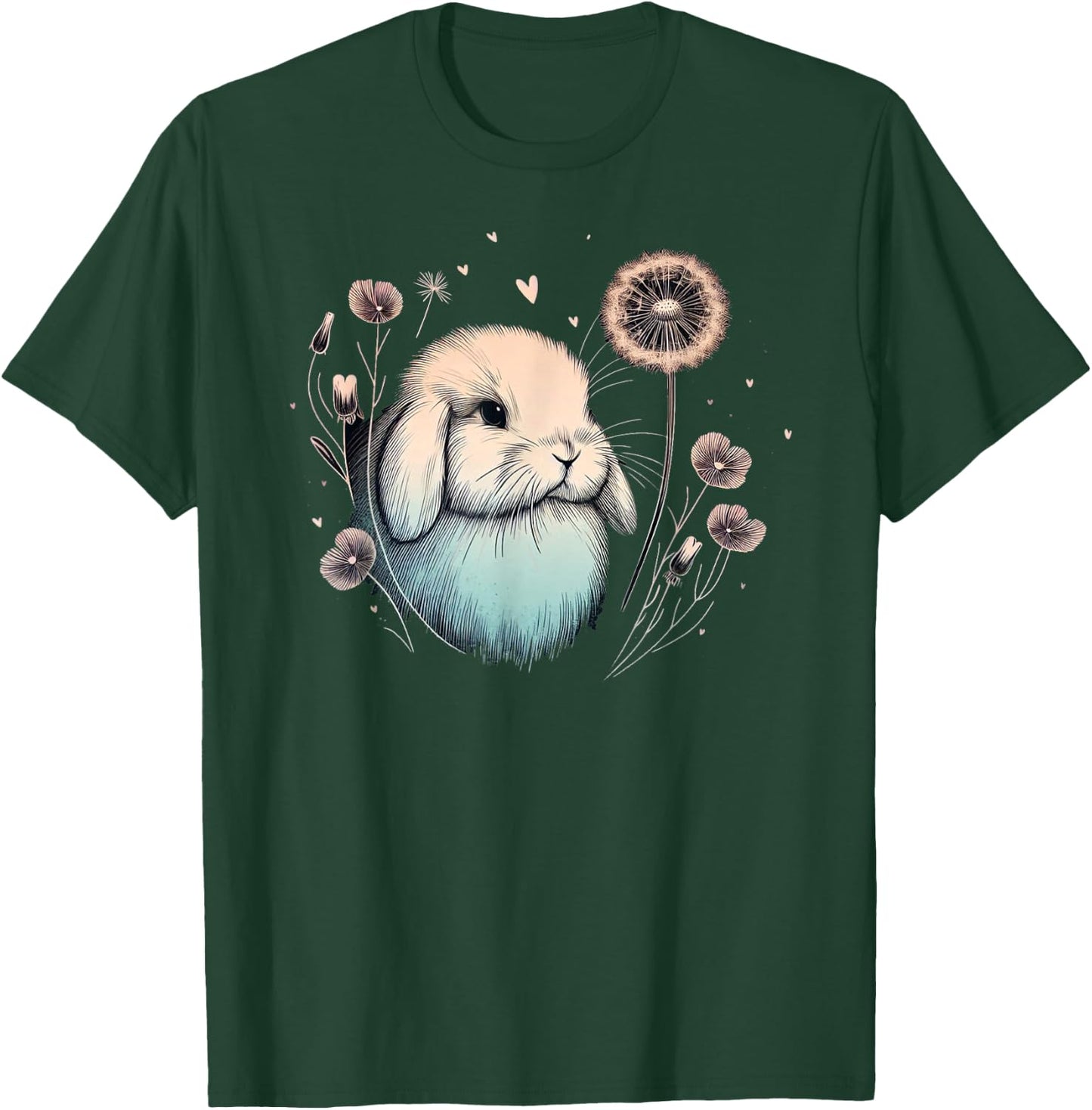 Love Holland Lop Rabbit Dandelion Floral Watercolor Bunny T-Shirt - T-Shirt | Forest