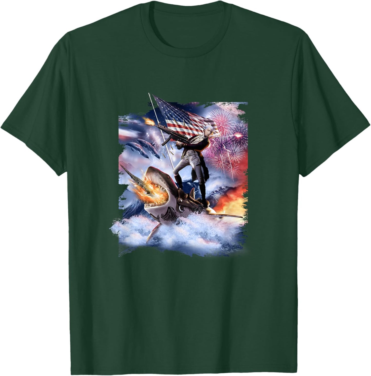 George Washington Riding Shark American Patriotic Funny Men T-Shirt - T-Shirt | Forest