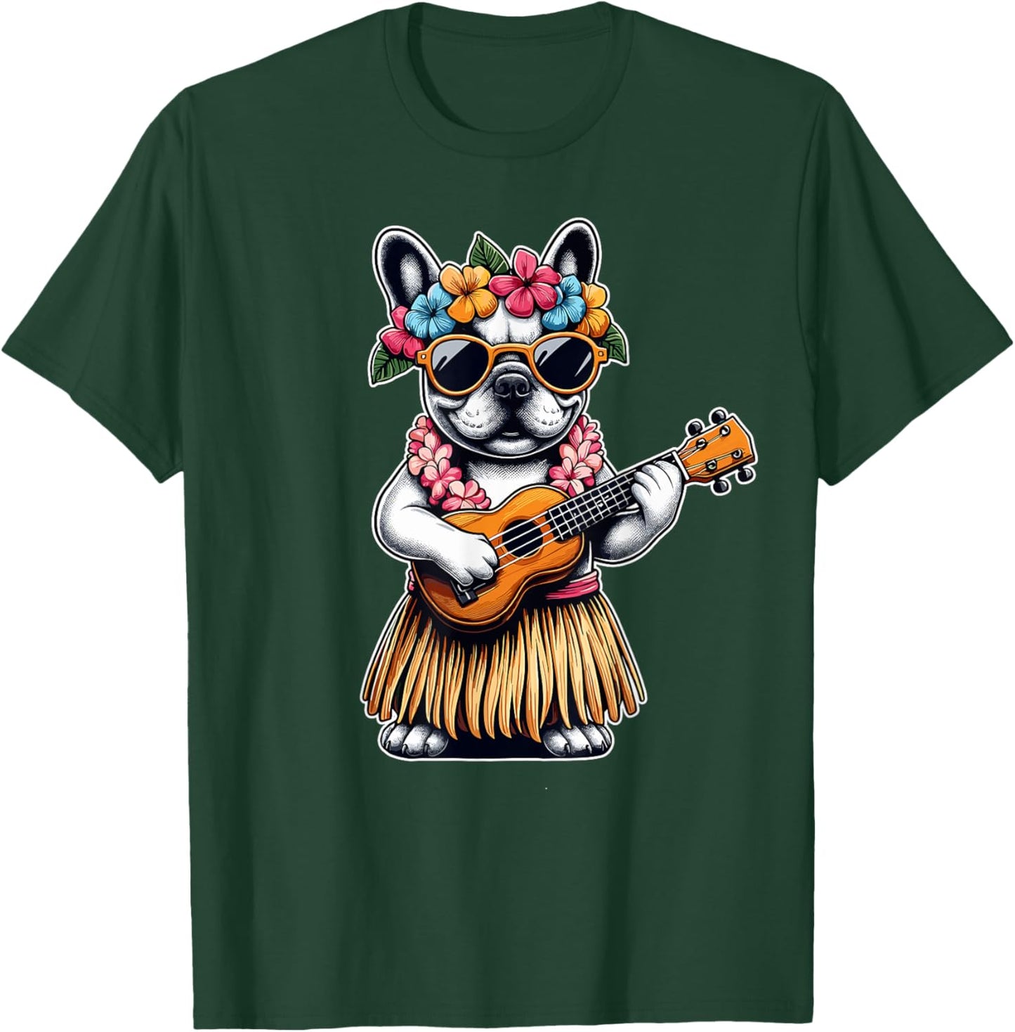 Hula Bulldog French Bulldog Ukulele Hawaiian Women Kids T-Shirt - T-Shirt | Forest