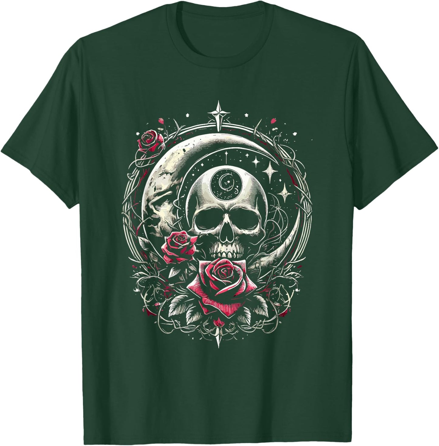 Moon Rose Skull Gothic Illustration Emo Death Metal Punk T-Shirt - T-Shirt | Forest