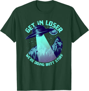 Vintage Get In Loser Alien Bigfoot Alien Abduction - -Adults - Black - Short Sleeve - Small - - Classic Fit - UFO, Alien, Bigfoot, Sci-Fi & Fantasy Enthusiasts T-Shirt - T-Shirt | Forest