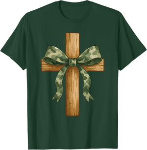 Teen Girl Coquette Bow Camo Deer Hunting Christian Cross T-Shirt - T-Shirt | Forest