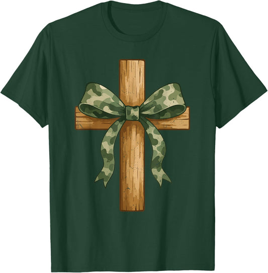 Teen Girl Coquette Bow Camo Deer Hunting Christian Cross T-Shirt - T-Shirt | Forest