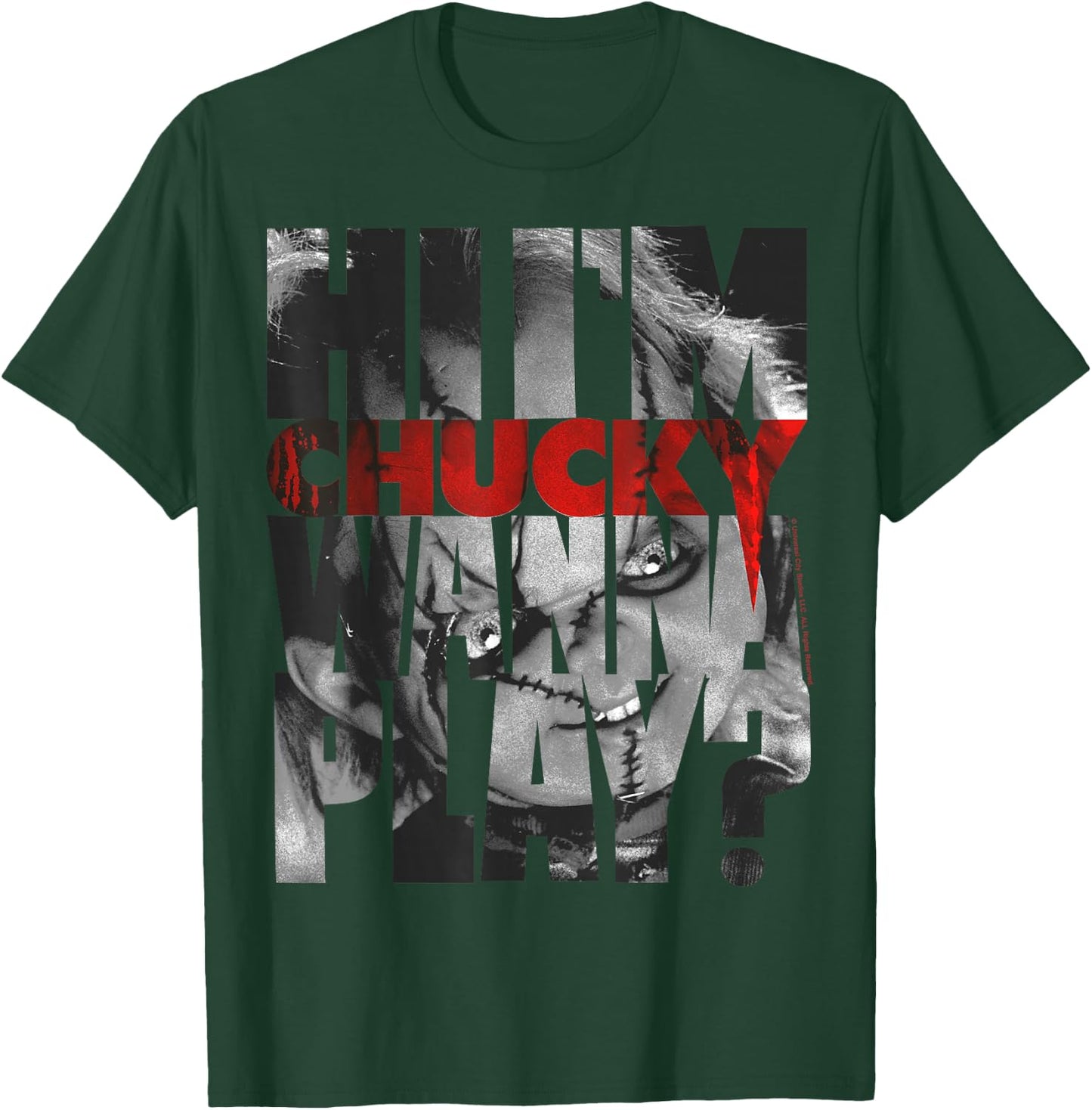 Child's Play Hi I'm Chucky Wanna Play Text Fill Small T-Shirt - T-Shirt | Forest
