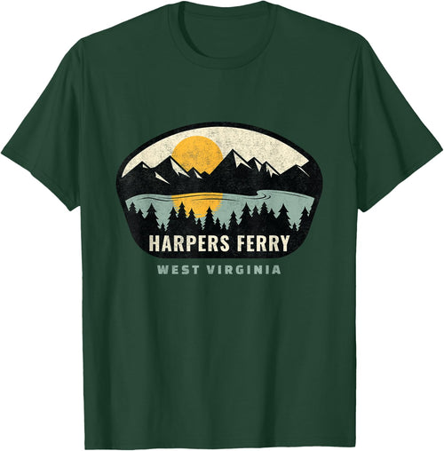 Whyitsme Design -Adults Vacation - Black, Small - Short Sleeve - - Modern - Distressed Design with Sunset Background - Harpers Ferry West Virginia Souvenir