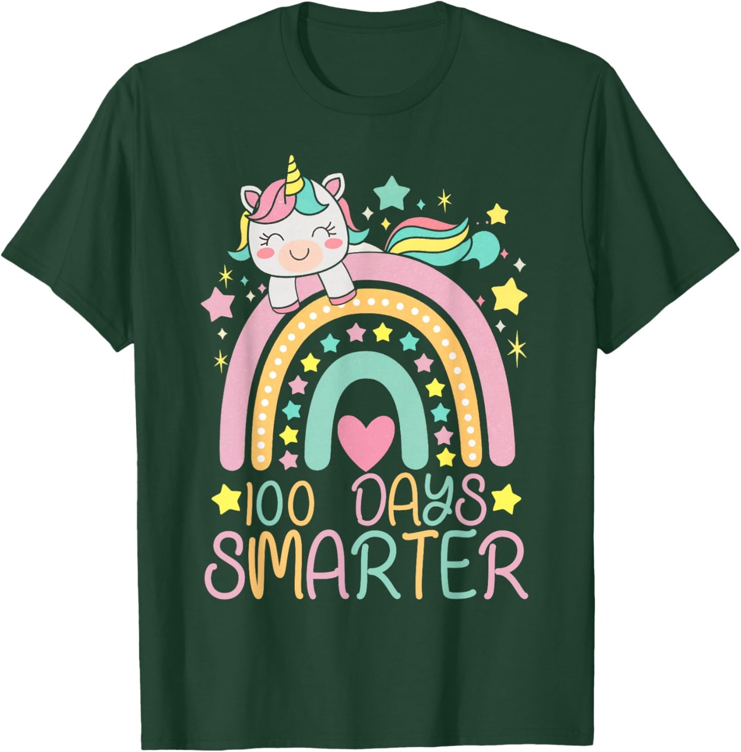100 Days Smarter Kids Girls Unicorn 100th Day of School T-Shirt - T-Shirt | Forest