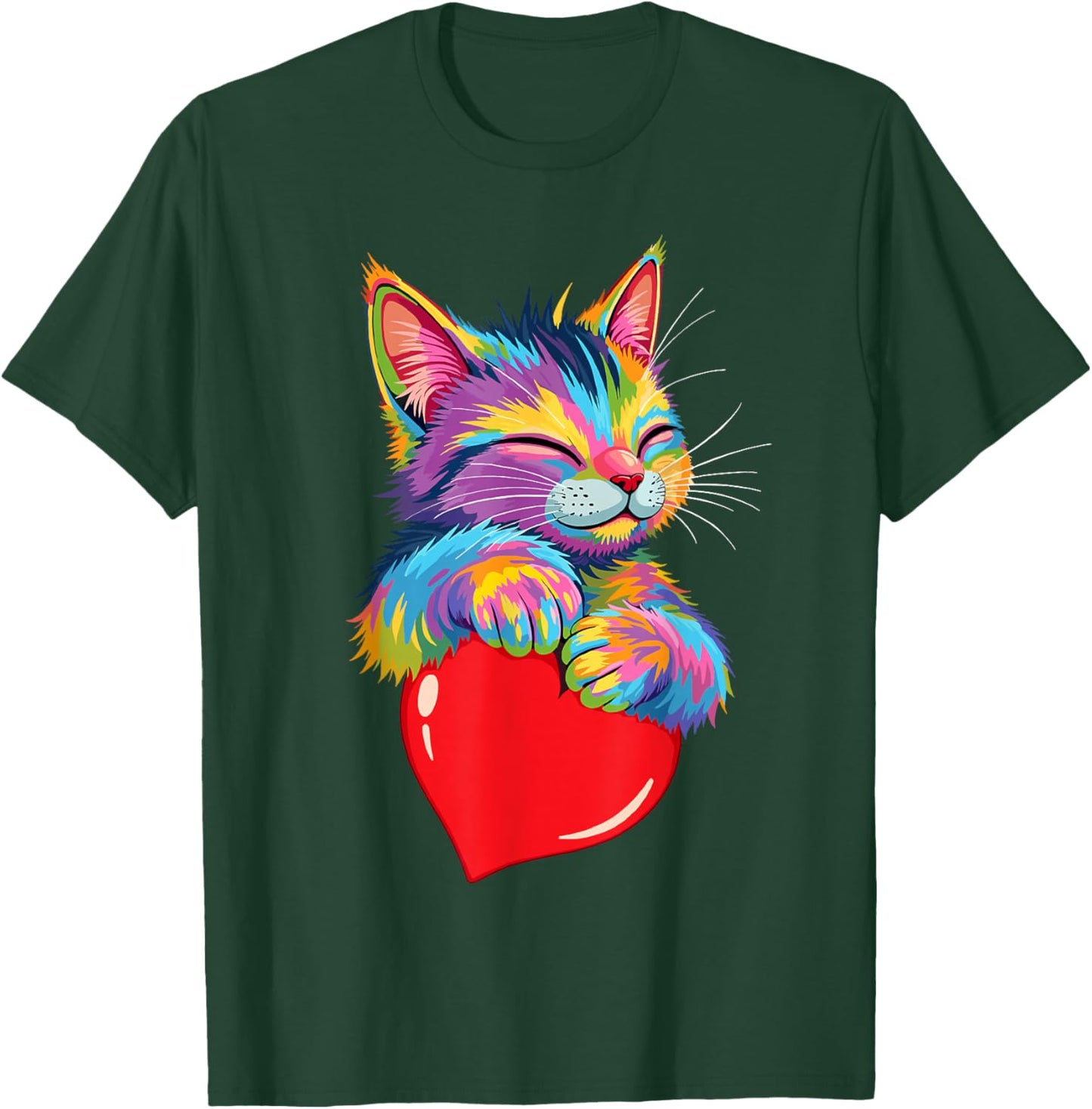 Valentines Day Cat And Love Heart Women Girls Cats Lover T-Shirt - T-Shirt | Forest