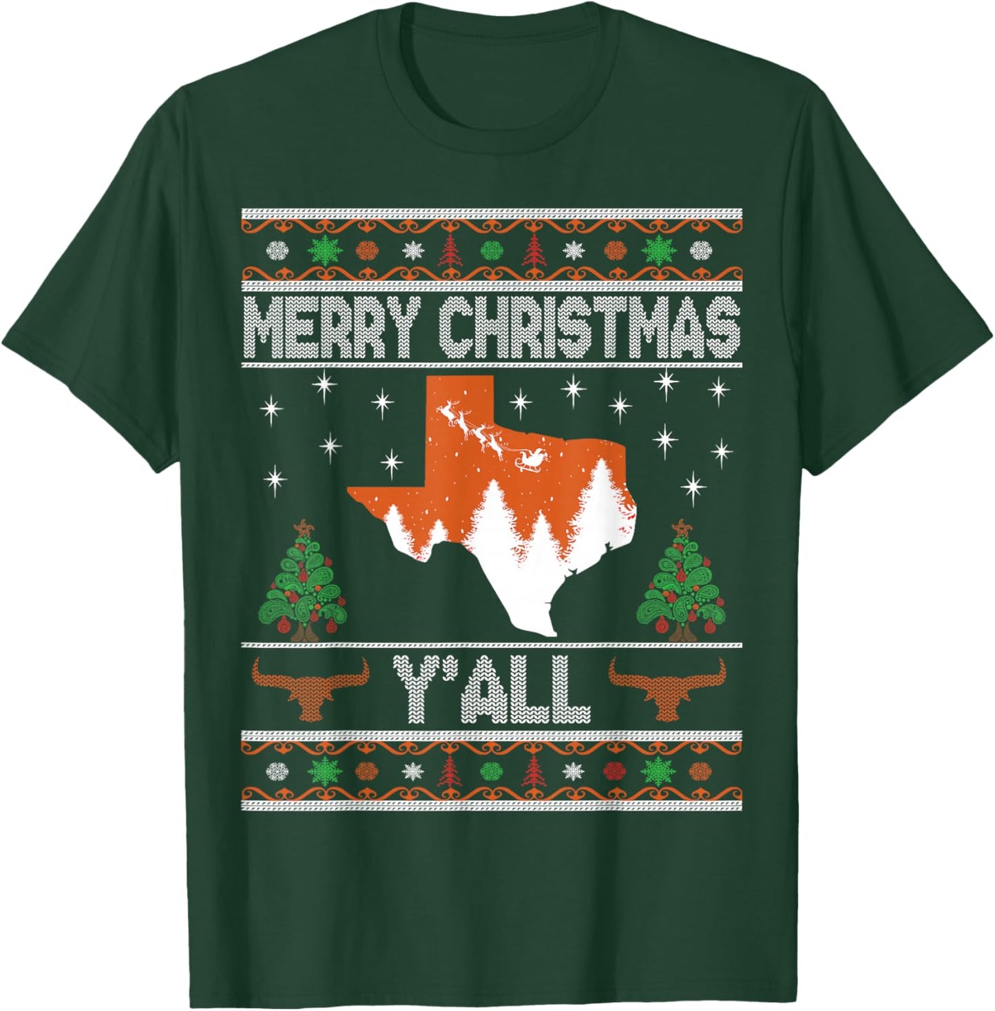 Merry Xmas Y'all Texas Ugly Holiday Longhorn Sweater T-Shirt - T-Shirt | Forest