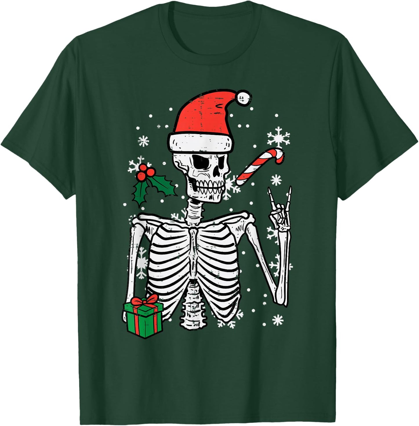 Christmas Rocker Skeleton Santa Rock Hand Xmas Men Boys Kids T-Shirt - T-Shirt | Forest