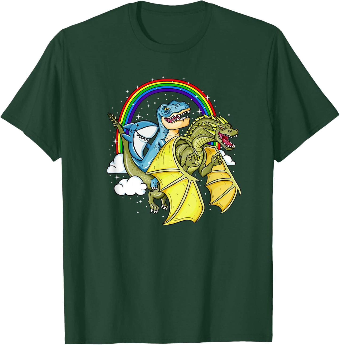 Shark Riding T-Rex Dinosaur Dragon Rainbow Fantasy Gift T-Shirt - T-Shirt | Forest