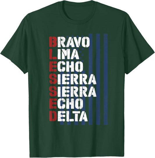 Blessed Military Alphabet Letters for Patriotic Christian T-Shirt - T-Shirt | Forest
