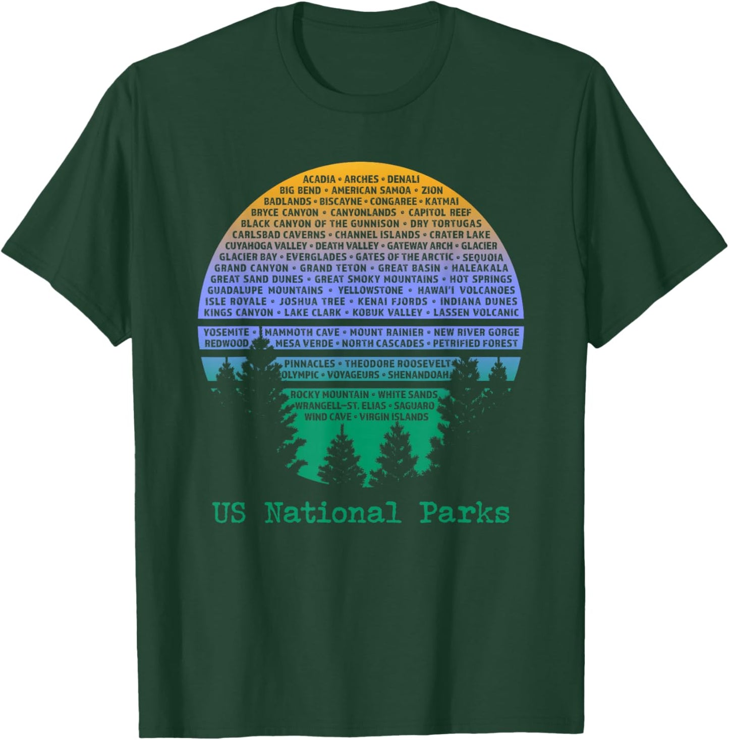 National Parks List Word Cloud Sunset Trees Men Women Kids T-Shirt - T-Shirt | Forest