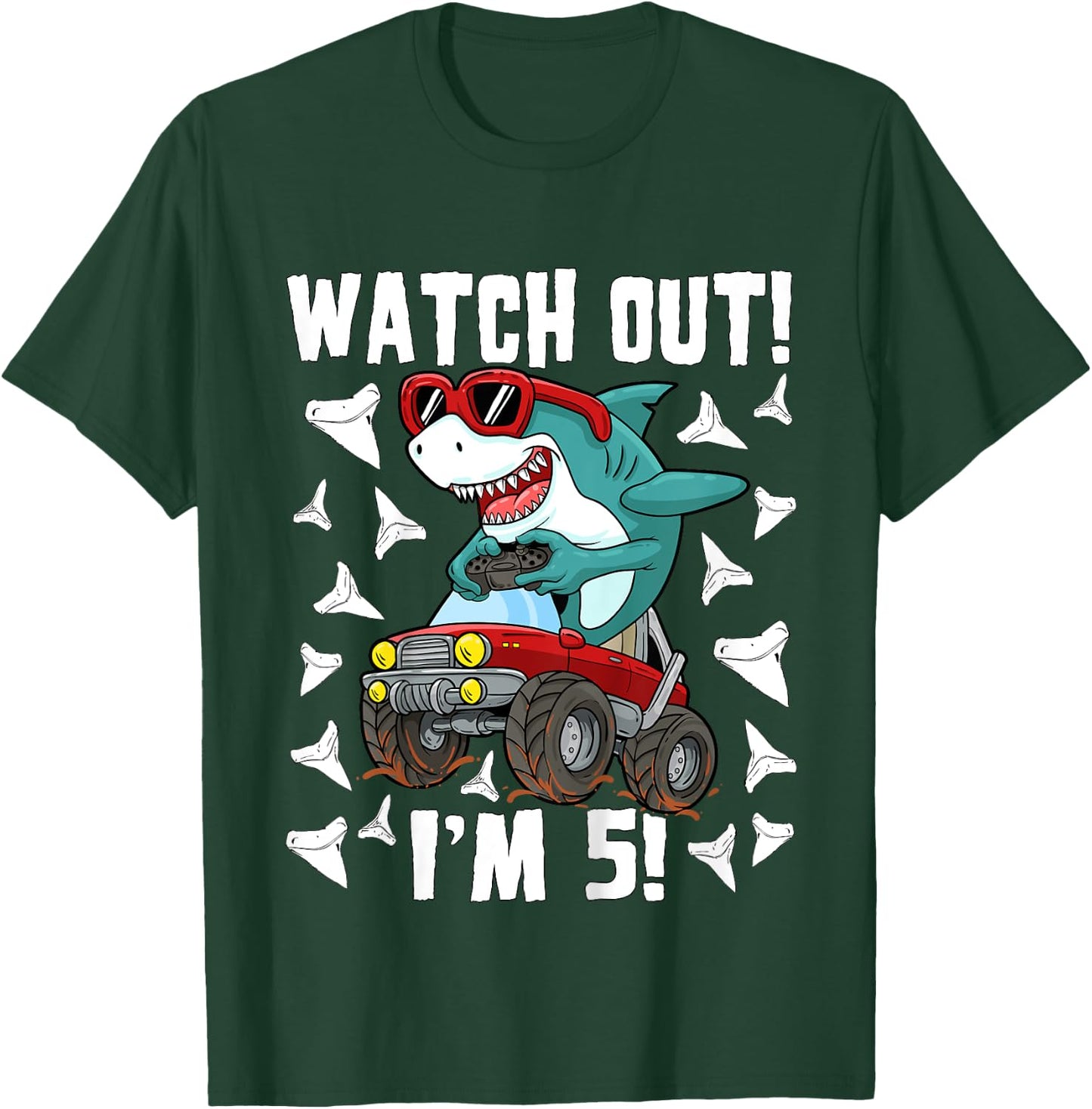 5 Years Old 5th Birthday Shark Boy Girl Monster Truck Gamer T-Shirt - T-Shirt | Forest
