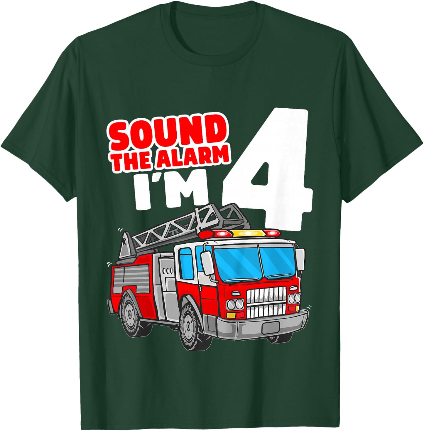 Kids Fire Truck 4 Year Old Firefighter Four 4th Birthday Boy T-Shirt - T-Shirt | Forest