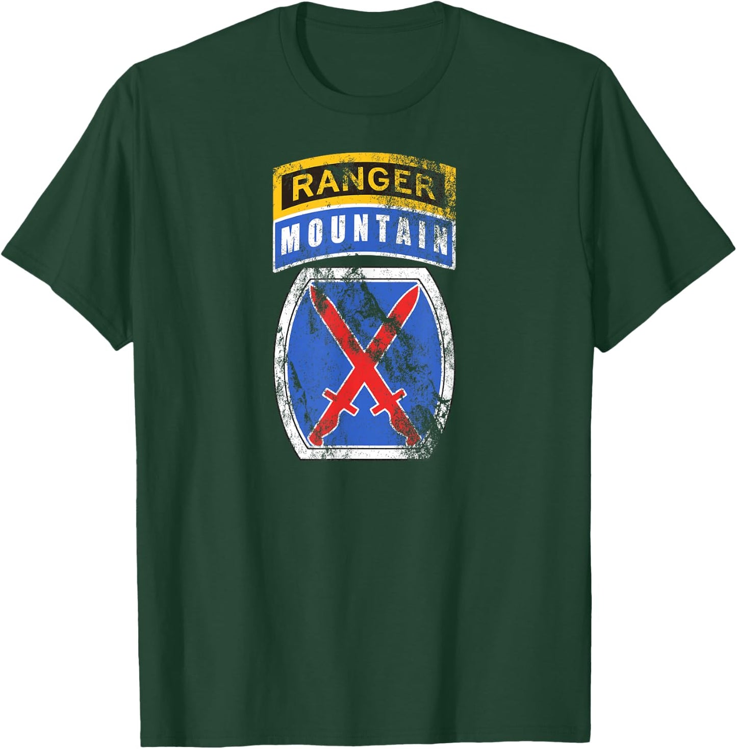 10th Mountain (MTN) Division Patch Ranger Tab Distressed T-Shirt - T-Shirt | Forest