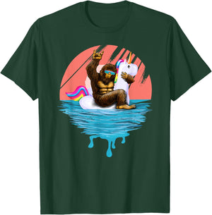 Sasquatch Riding Unicorn Floaty Pool Party Outfit Bigfoot T-Shirt - T-Shirt | Forest