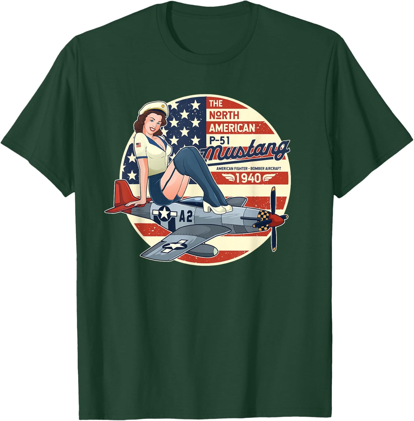 P51 Mustang T Shirt Airplane Shirts WWII Shirt Pinup T-Shirt - T-Shirt | Forest