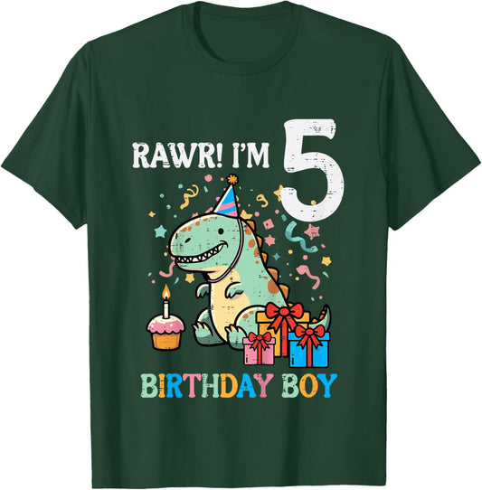 Kids Rawr Im 5 Dinosaur Birthday Boy Cute 5th Bday Trex Boys Kids T-Shirt - T-Shirt | Forest