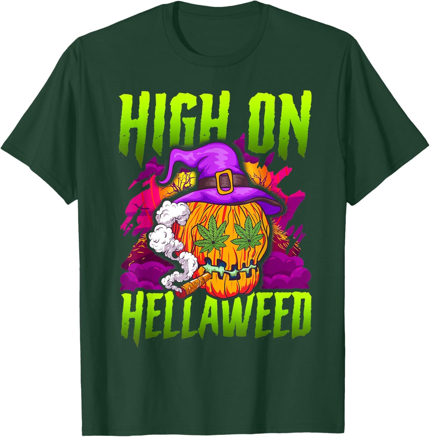 Halloween Pumpkin Stoner Weed Joint Smoking T-Shirt - T-Shirt | Forest