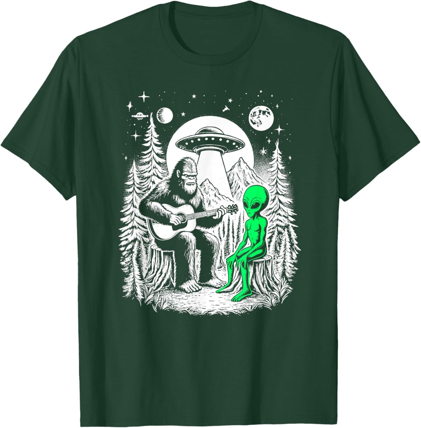 Bigfoot Plays Guitar Sasquatch Camping Big Foot UFO Alien T-Shirt - T-Shirt | Forest