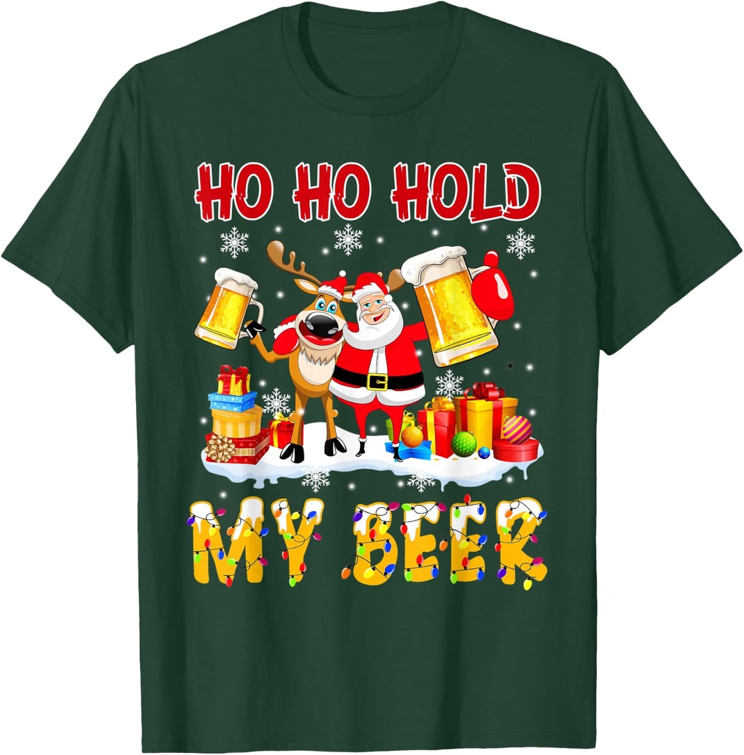 Ho Ho Hold My Beer Santa & Reindeer Beer Bestie T-Shirt - T-Shirt | Forest