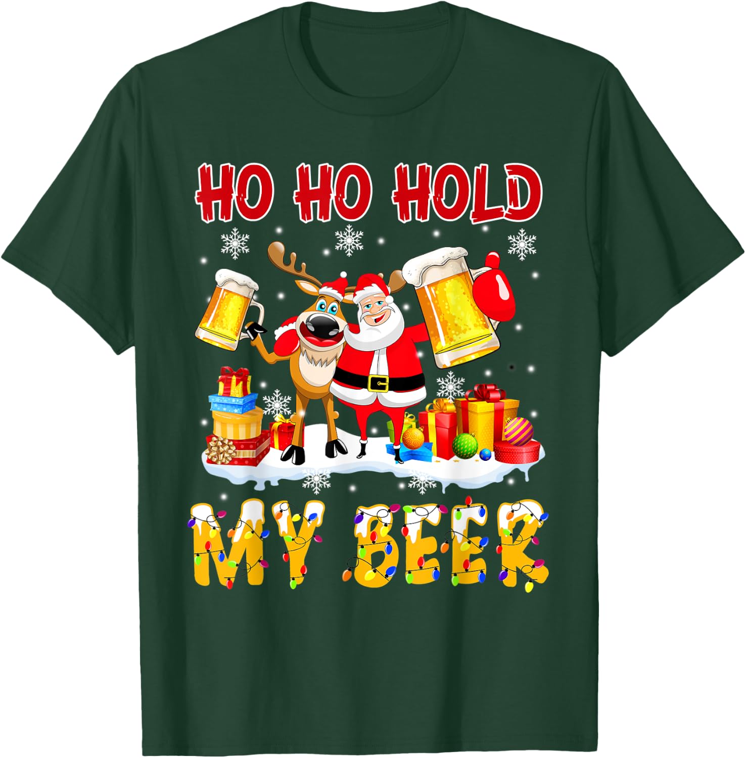 Ho Ho Hold My Beer Santa & Reindeer Beer Bestie T-Shirt - T-Shirt | Forest