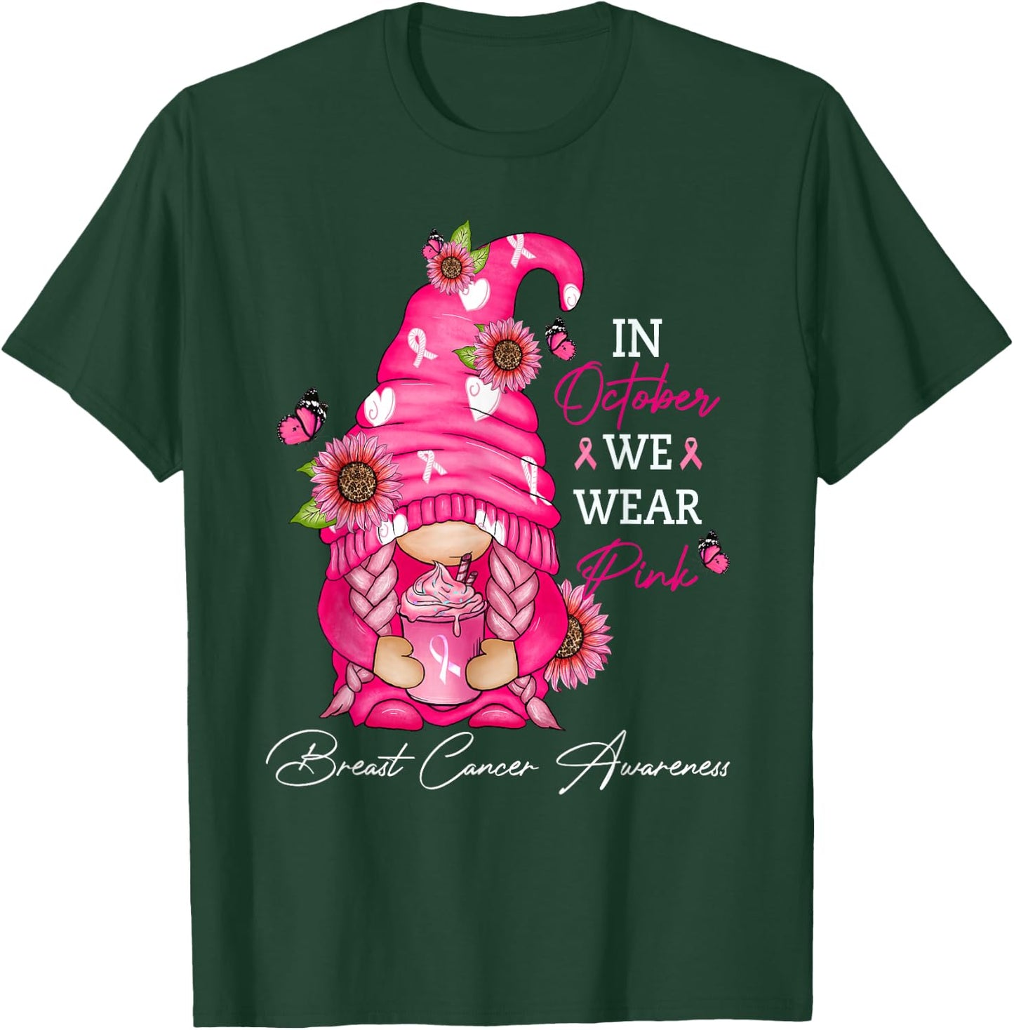 In October We Wear Pink Ribbon Breast Cancer Funny Gnome T-Shirt - T-Shirt | Forest