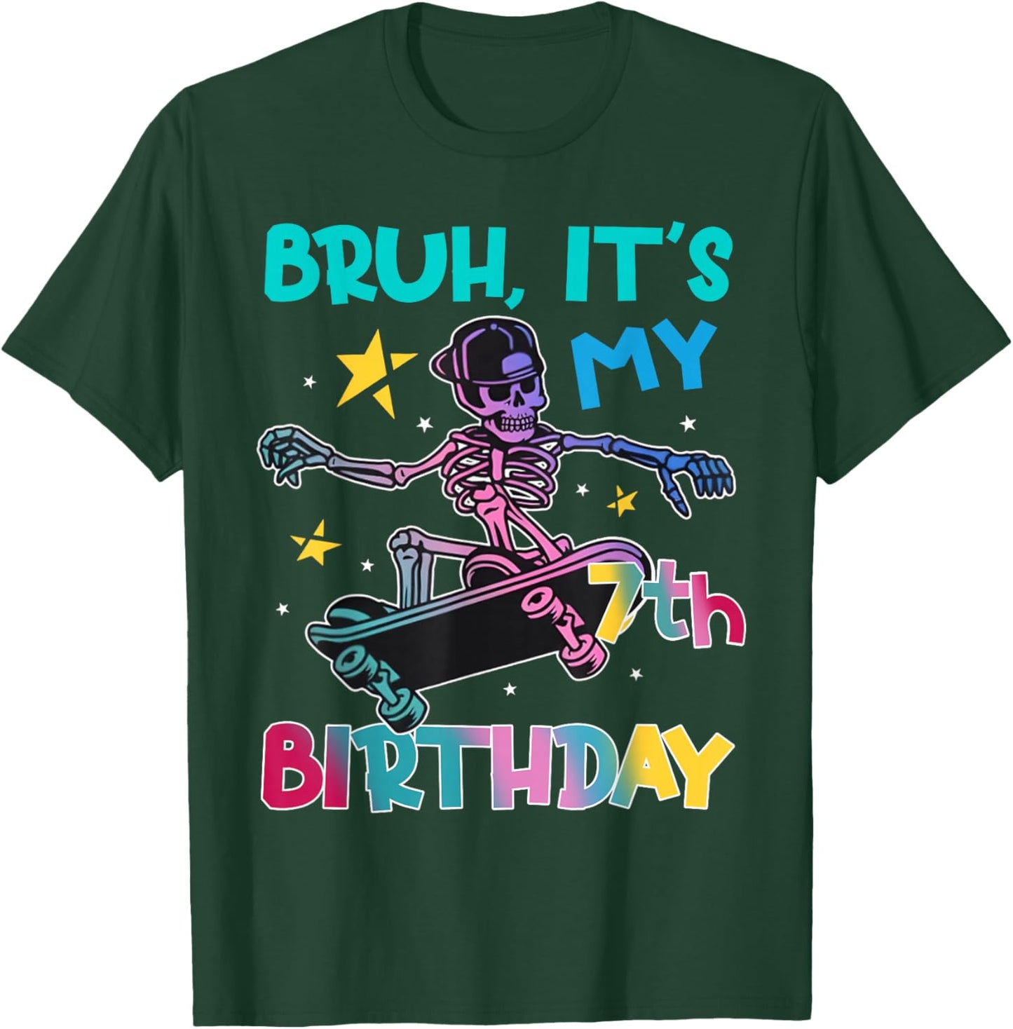 7th Birthday Skeleton Skateboard Skater Boys Kids 7 Year Old T-Shirt - T-Shirt | Forest