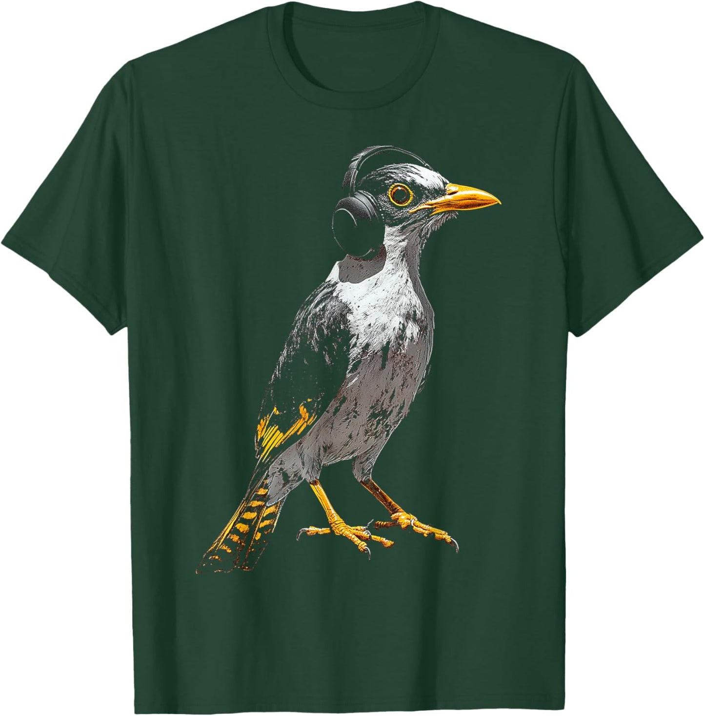 Myna Bird Motif Animal Illustration Music Headphone Myna T-Shirt - T-Shirt | Forest