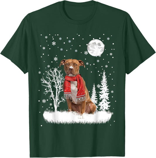 Pitbull Under Moonlight Snow Christmas Pajama T-Shirt - T-Shirt | Forest