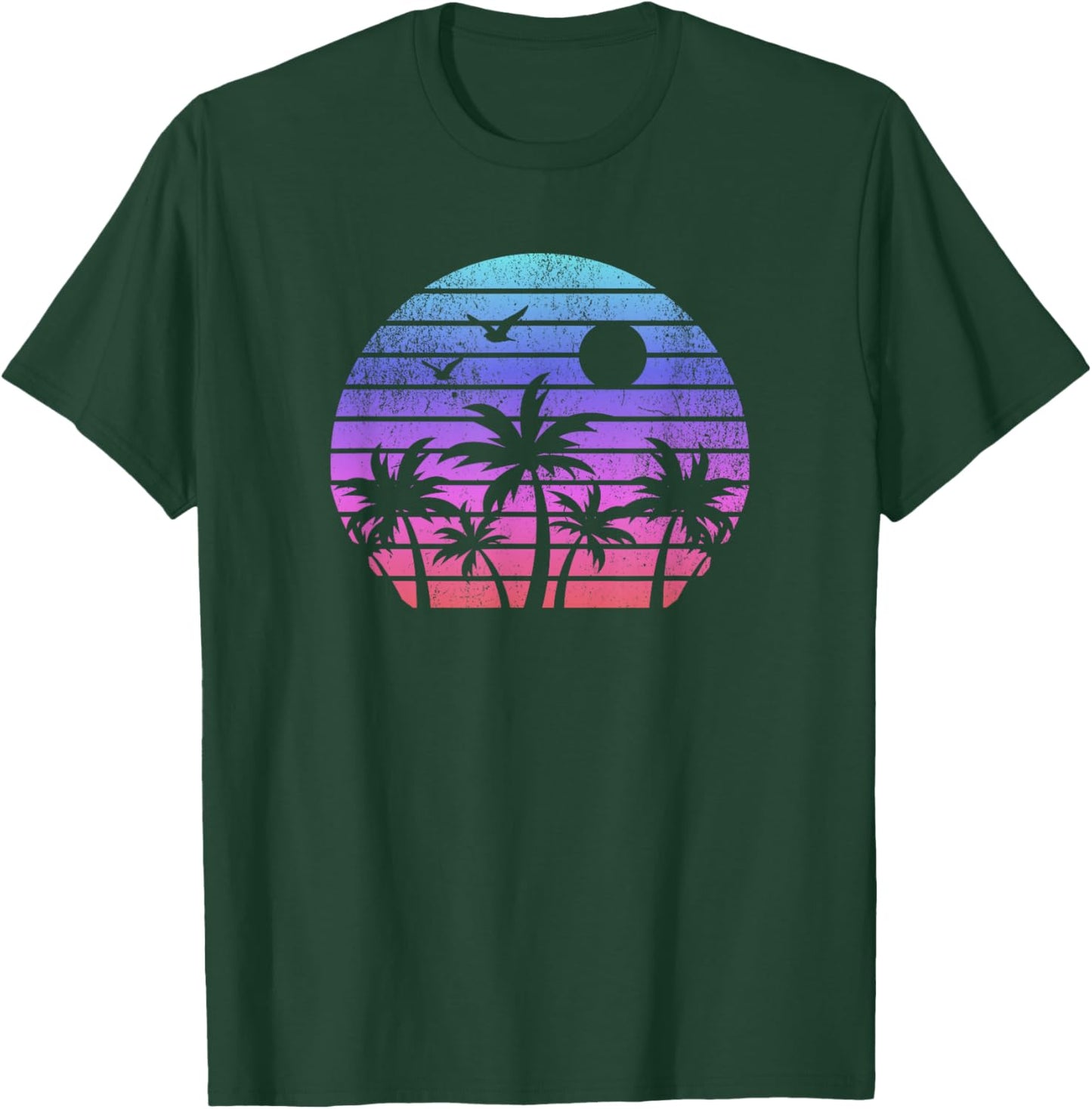 Beach Sunset Palm Trees Retro 80s Eighties Vintage Graphic T-Shirt - T-Shirt | Forest