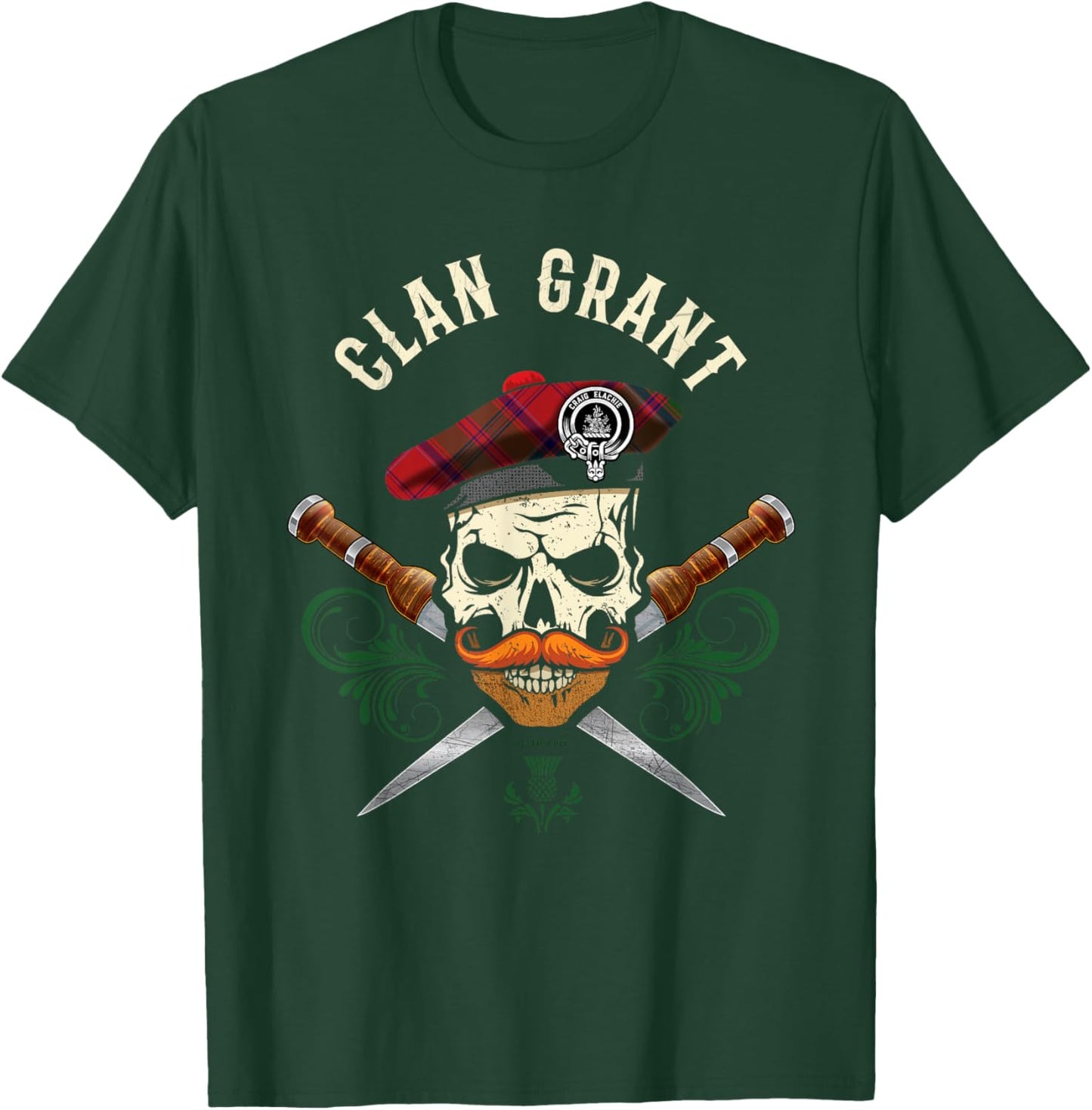 Scottish Clan Grant Surname Skull Dirks Tartan Badge T-Shirt - T-Shirt | Forest