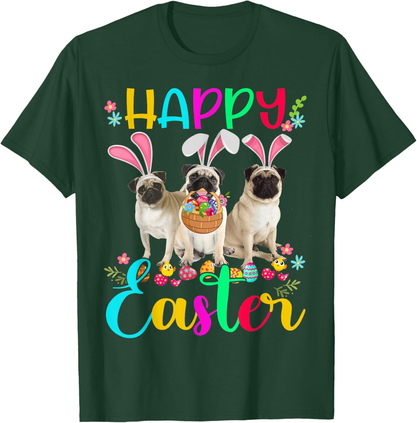 Happy Easter Three Pug Wearing Bunny Ear Pug Lover T-Shirt - T-Shirt | Forest