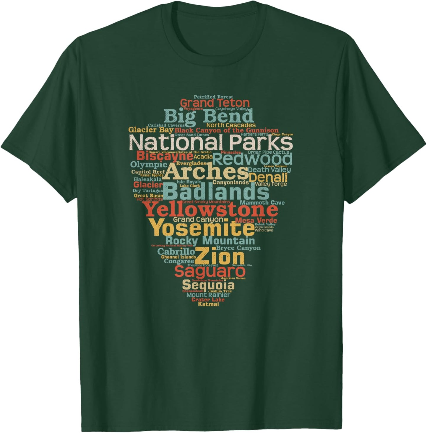 National Parks List Word Cloud Camping Hiking Men Women Kids Short Sleeve T-Shirt - T-Shirt | Forest