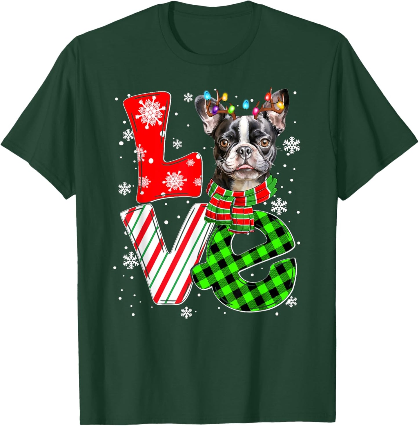 Boston Terrier Christmas Tree Lights Santa Dog Xmas Women Kids T-Shirt - T-Shirt | Forest