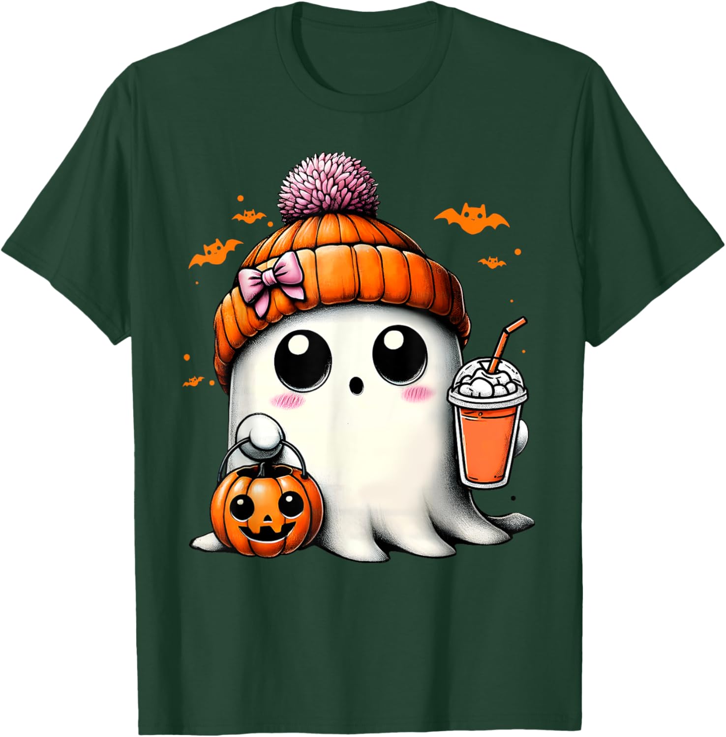 Cute Ghost Drinking Coffee Halloween Ghost Ice Coffee T-Shirt - T-Shirt | Forest